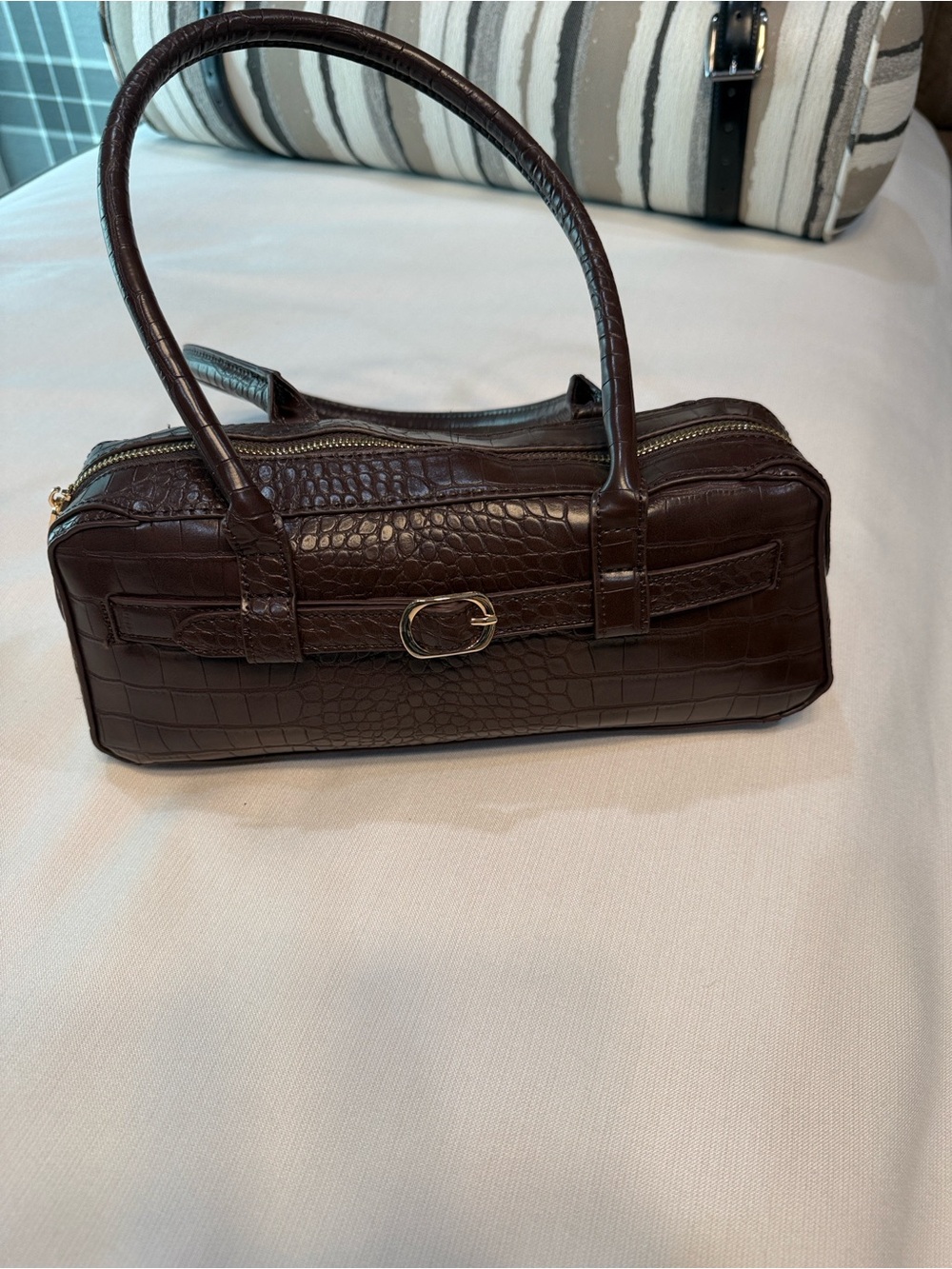 Aqua Dark Brown Croc-Embossed Shoulder Bag with Gold Accent